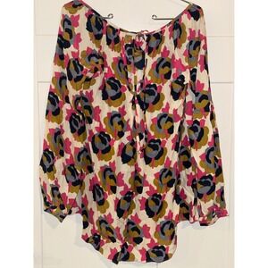 Sophia Eugene Womens 100% Silk Abstract Floral Blouse Keyhole Back Pink Gold M